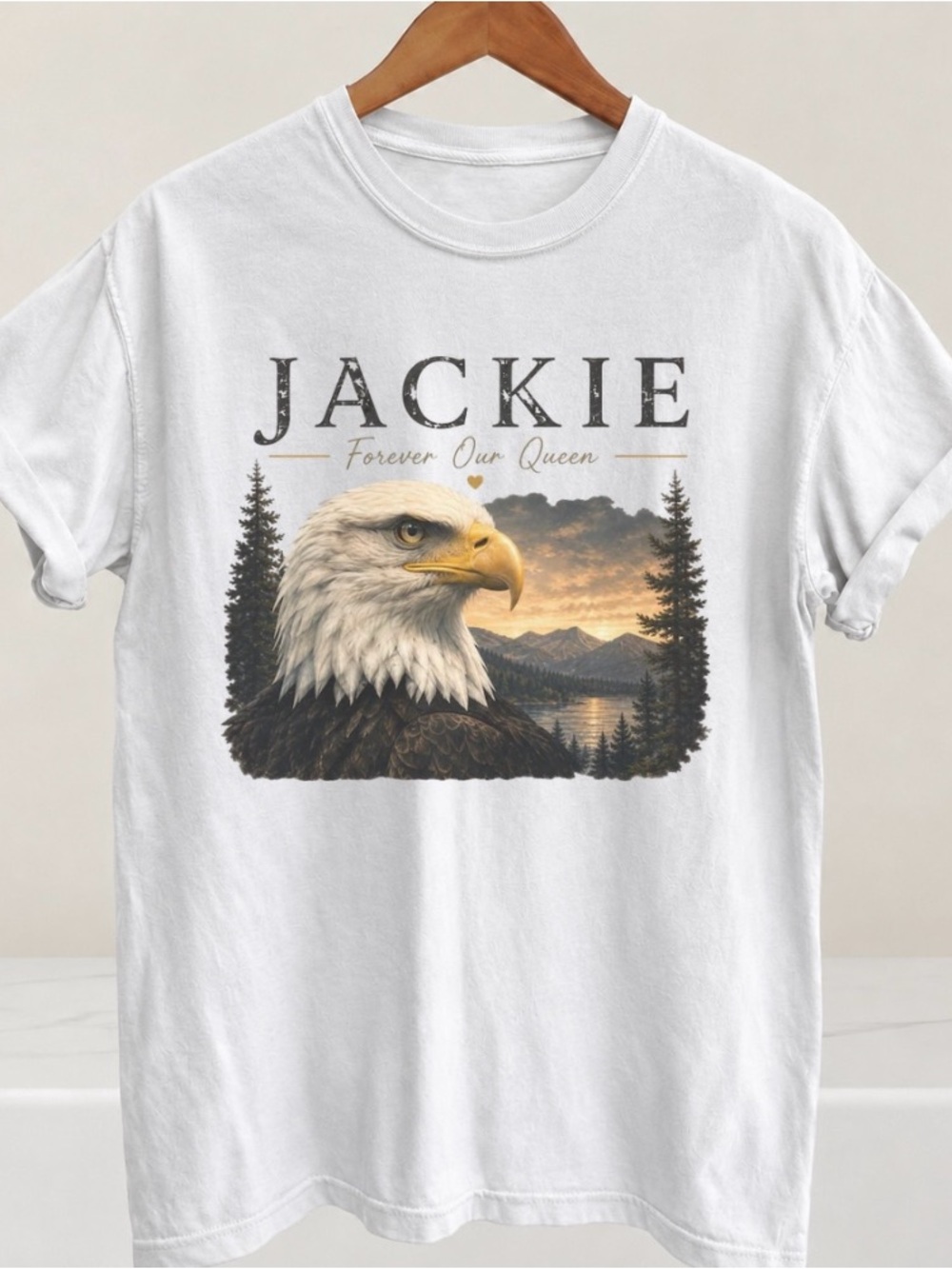 Jackie Bald Eagle Forever Our Queen Nature Graphic Tee - White